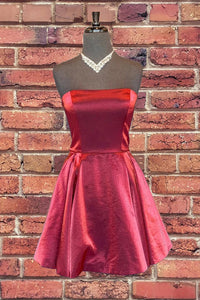 Simple Short Burgundy Strapless Satin Homecoming Dress