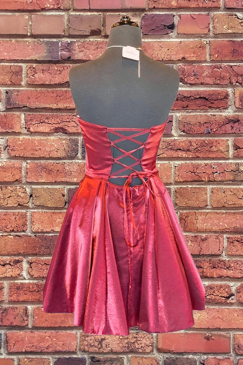 Simple Short Burgundy Strapless Satin Homecoming Dress