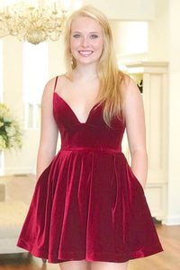 Short A-Line Burgundy Spaghetti Straps V-Neck Velvet Homecoming Dress