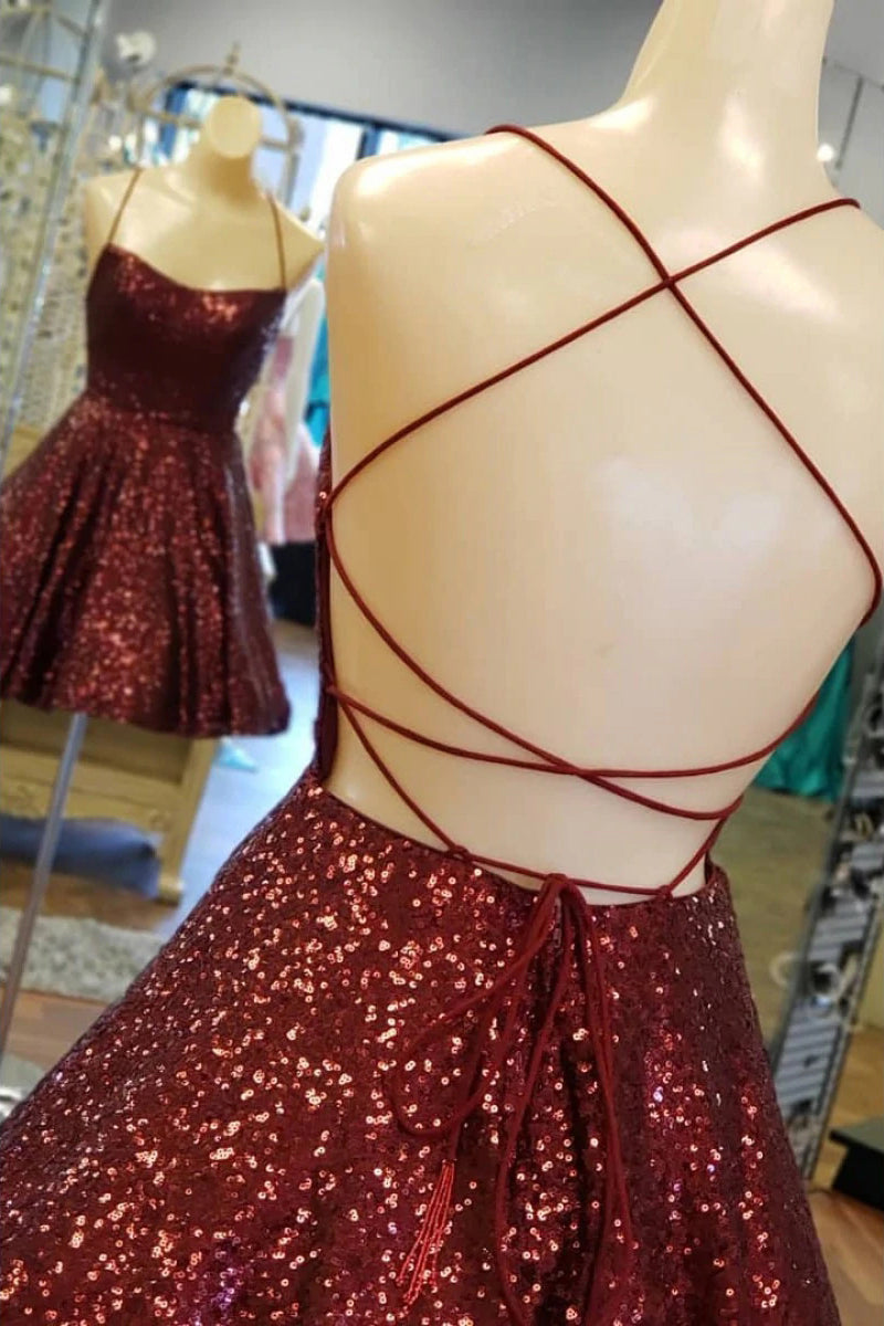 Short A-Line Burgundy Criss-Cross Sequins Homecoming Dress