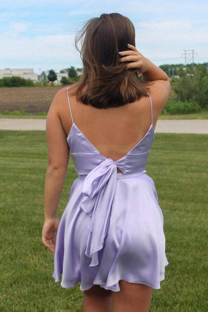 Red Short Two pieces V-neck Satin Homecoming Dress