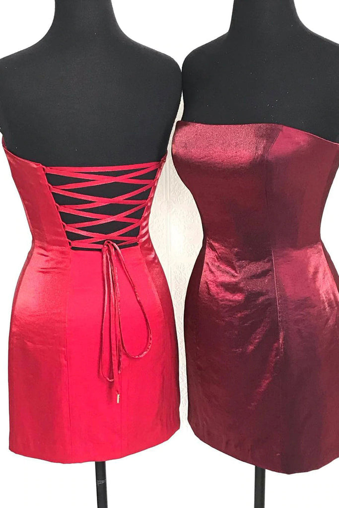 Sexy Strapless Sheath Burgundy Satin Homecoming Dress