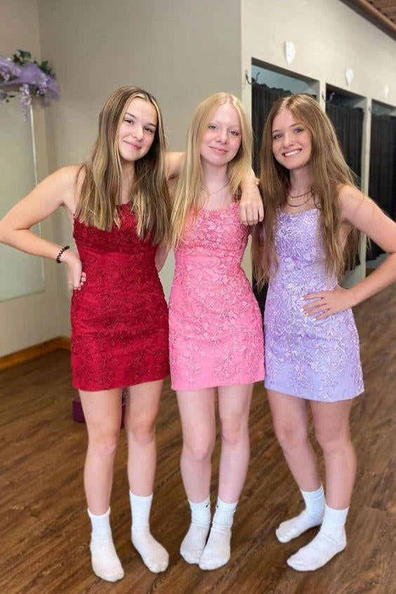 Short Spaghetti Straps Lace Homecoming Dress With Appliques