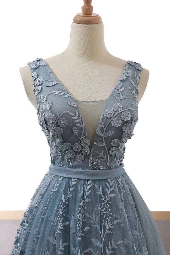Dusty Blue Tulle Long Prom Dress With Appliques Formal Gown OP653