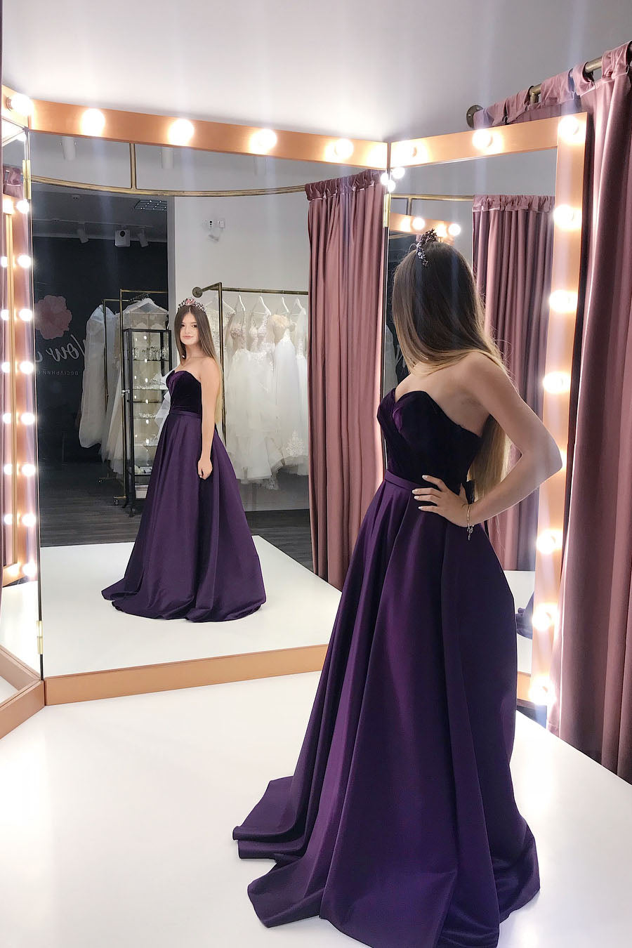 Elegant Purple Satin Sweetheart Long Prom Dress With Pockets OP452