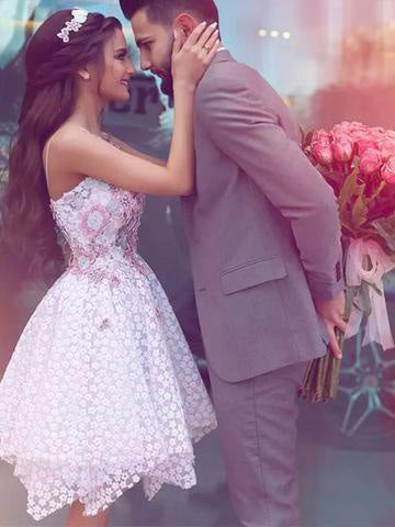 Spaghetti-straps V-Neck Applique Asymmetry Short Prom Dress Graduation Dress OP224