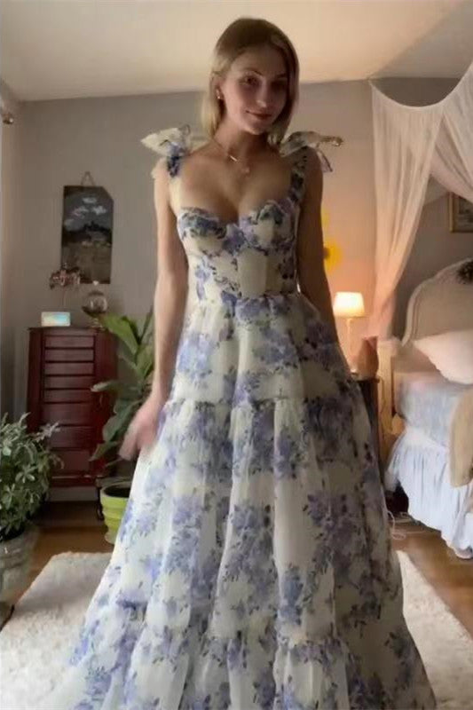 Elegant A-line Floral Long Prom Dresses, Evening Dresses