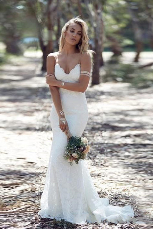 Backless Lace Wedding Dresses V Neck Spaghetti Mermaid Wedding Dress OW671