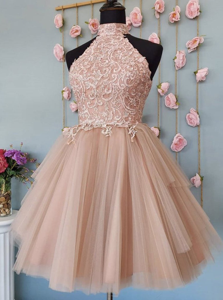Champagne Tulle Lace Short Homecoming Dress