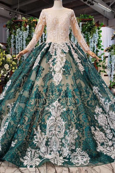 Long Sleeve Appliques Beading Quinceanera Dresses Ball Gown Vintage Wedding Dress PO029