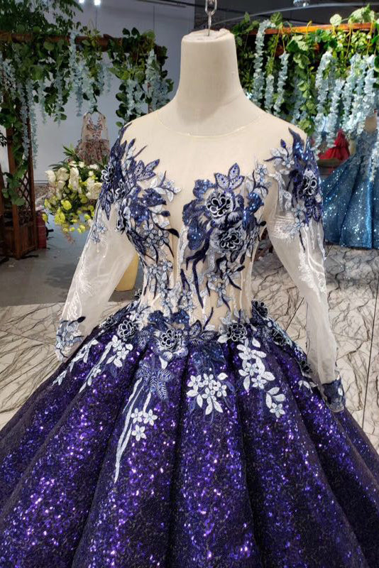Sparkly Long Sleeve Ball Gown Sequins Ombre Quinceanera Dresses With Appliques PO054