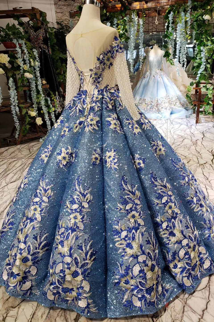 Glitter Beaded Appliques Long Sleeves Blue Ball Gown Quinceanera Gown OP720