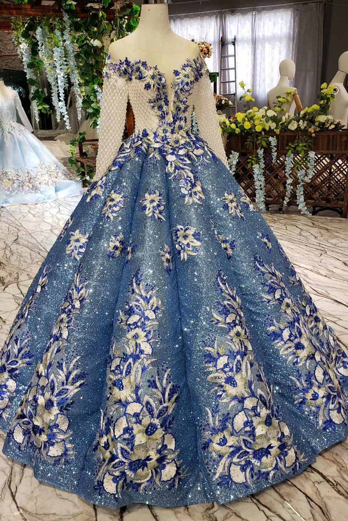 Glitter Beaded Appliques Long Sleeves Blue Ball Gown Quinceanera Gown OP720