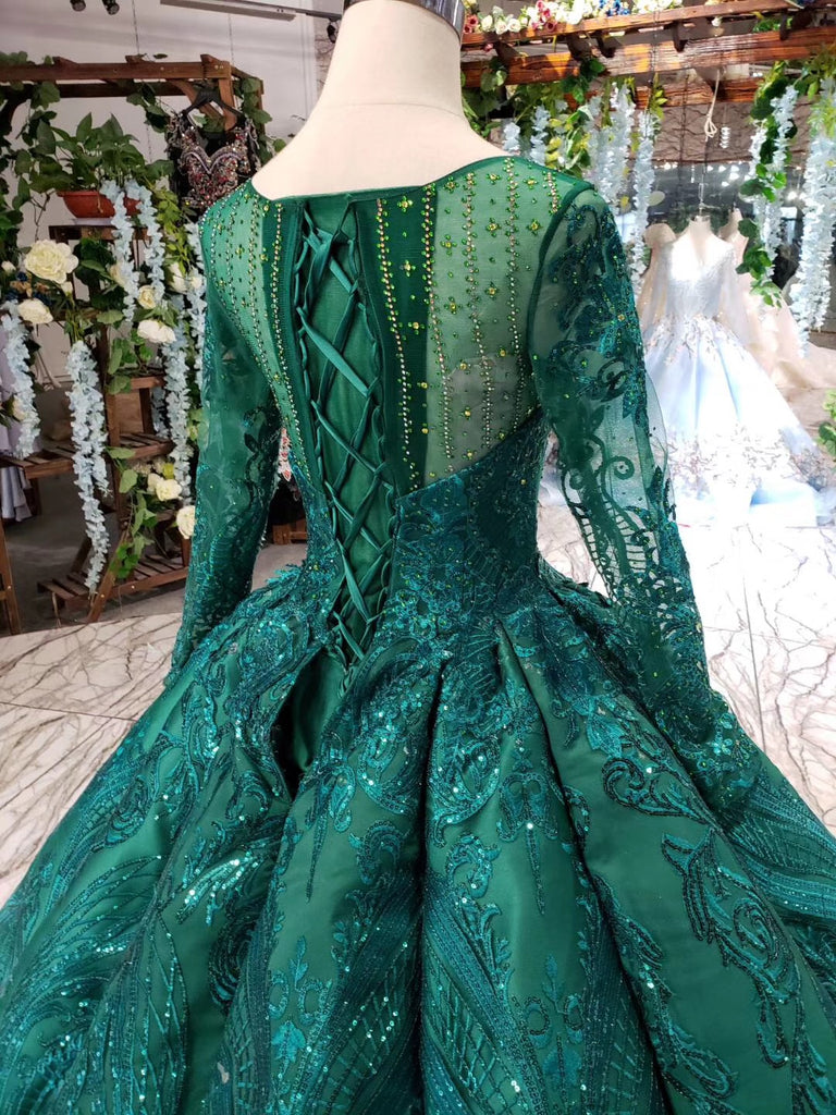 Princess Green Quinceanera Gown Beaded Appliques Long Sleeves Ball Gown OP721