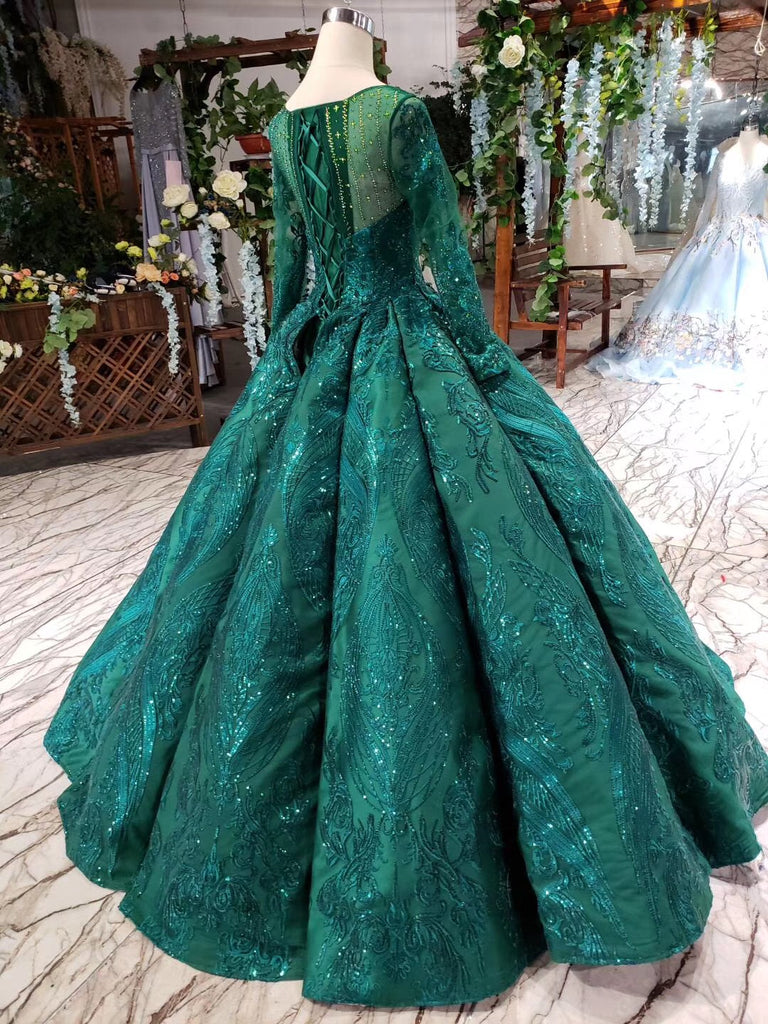 Princess Green Quinceanera Gown Beaded Appliques Long Sleeves Ball Gown OP721