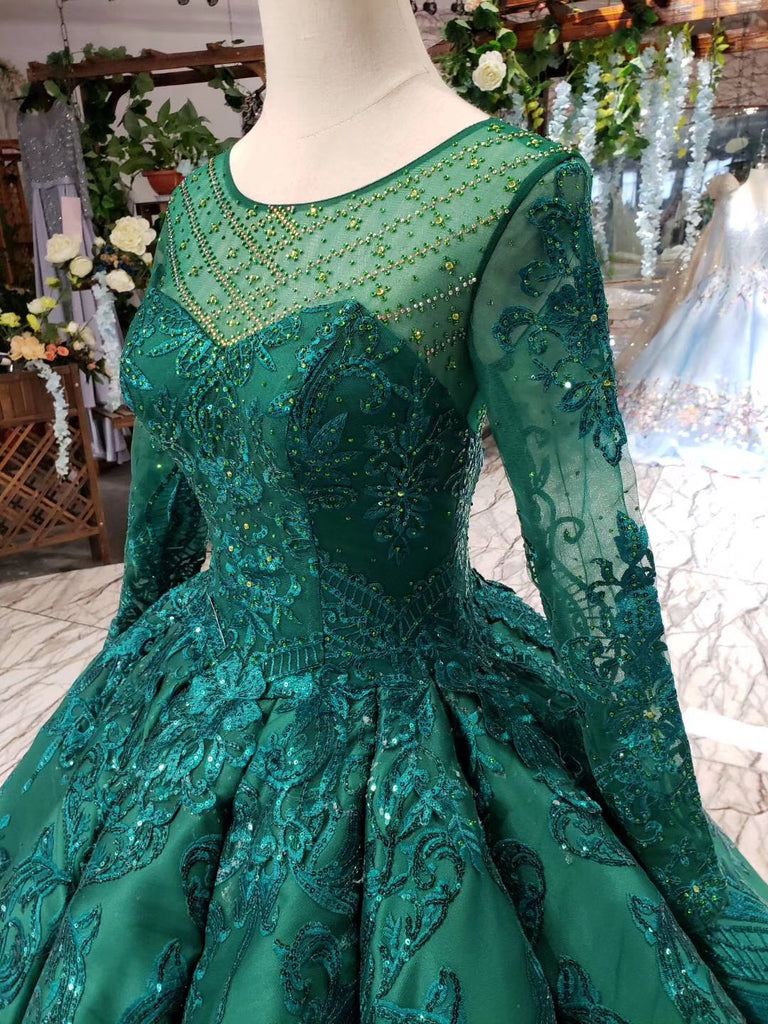 Princess Green Quinceanera Gown Beaded Appliques Long Sleeves Ball Gown OP721