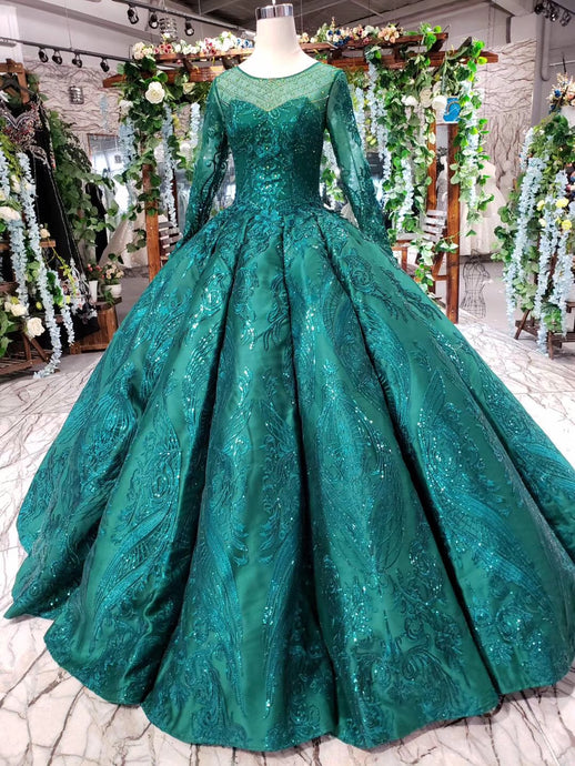 Princess Green Quinceanera Gown Beaded Appliques Long Sleeves Ball Gown OP721