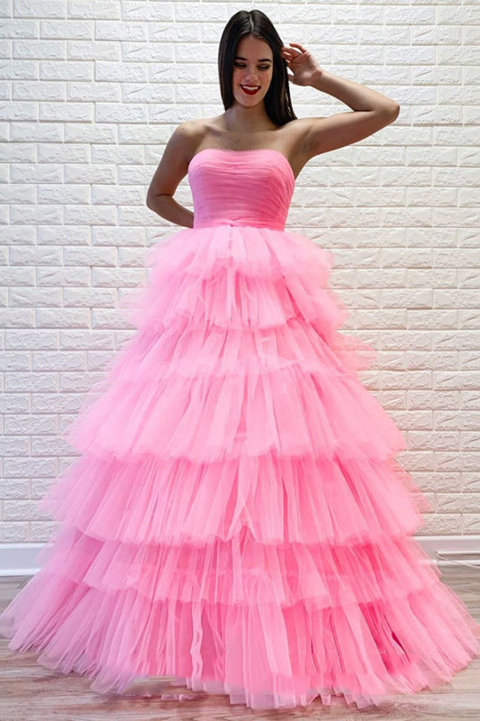Pink Tulle Sweet 16 Dresses Princess Strapless Long Formal Prom Dresses PO151