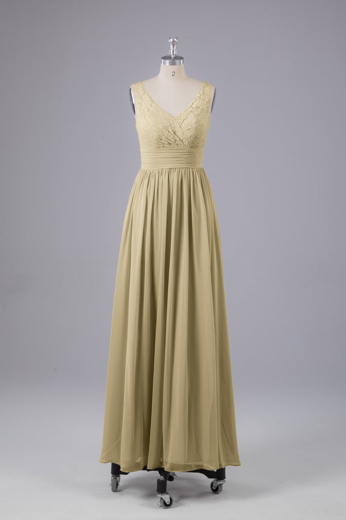 Vintage A-line V-neck Sleeveless Long Bridesmaid Dresses