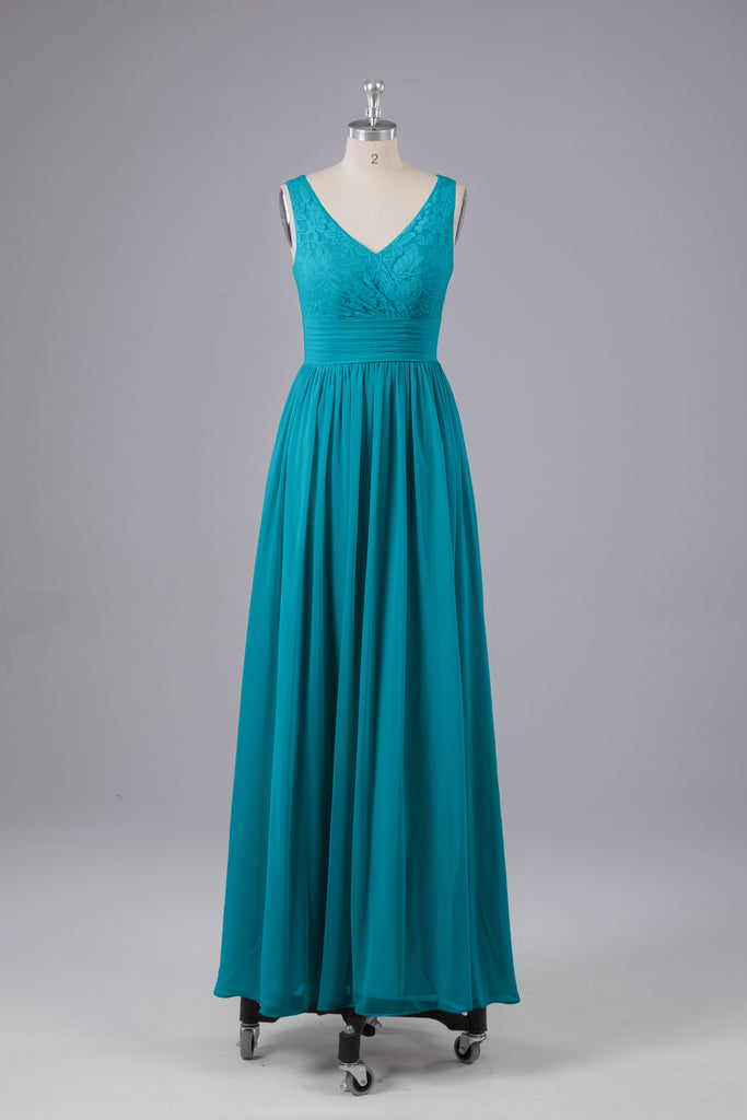 Vintage A-line V-neck Sleeveless Long Bridesmaid Dresses