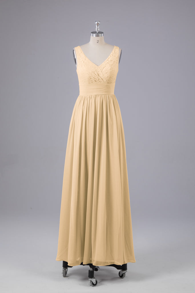 Vintage A-line V-neck Sleeveless Long Bridesmaid Dresses