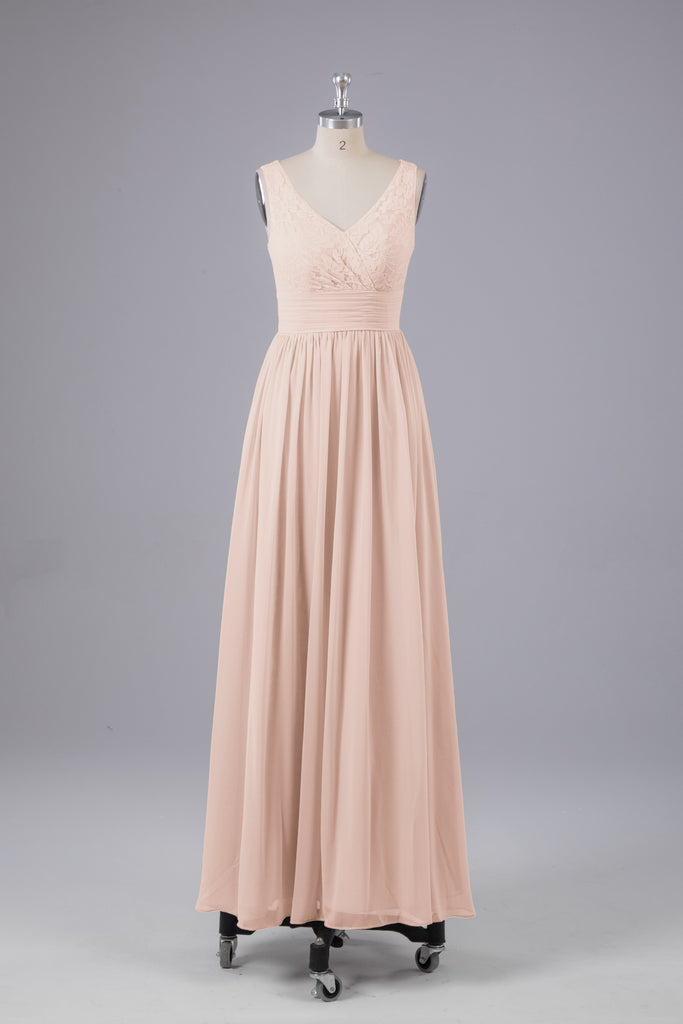 Vintage A-line V-neck Sleeveless Long Bridesmaid Dresses