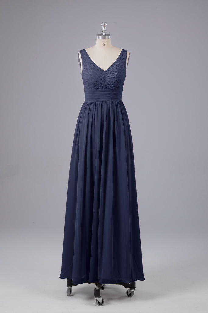 Vintage A-line V-neck Sleeveless Long Bridesmaid Dresses