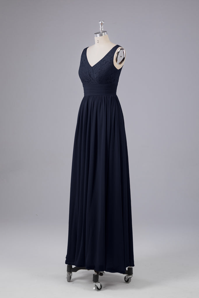 Vintage A-line V-neck Sleeveless Long Bridesmaid Dresses