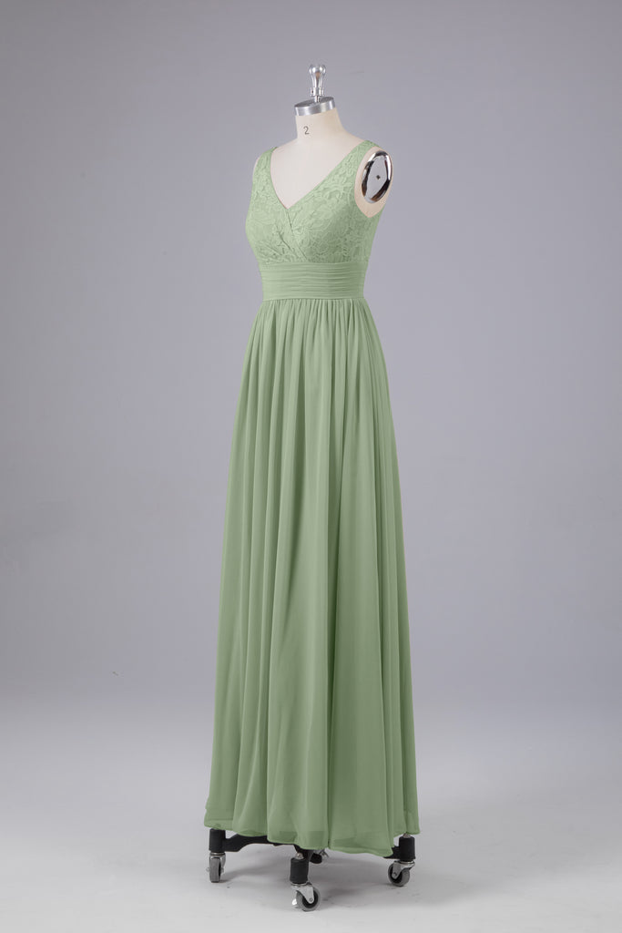 Vintage A-line V-neck Sleeveless Long Bridesmaid Dresses