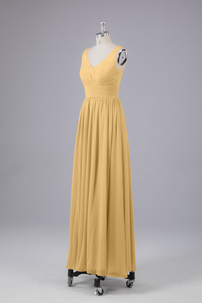 Vintage A-line V-neck Sleeveless Long Bridesmaid Dresses