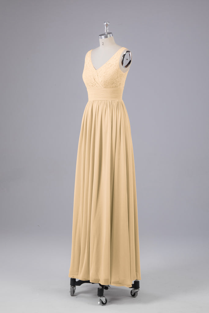 Vintage A-line V-neck Sleeveless Long Bridesmaid Dresses