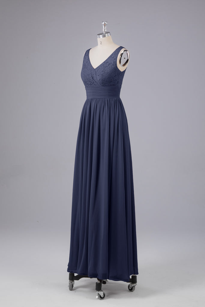 Vintage A-line V-neck Sleeveless Long Bridesmaid Dresses