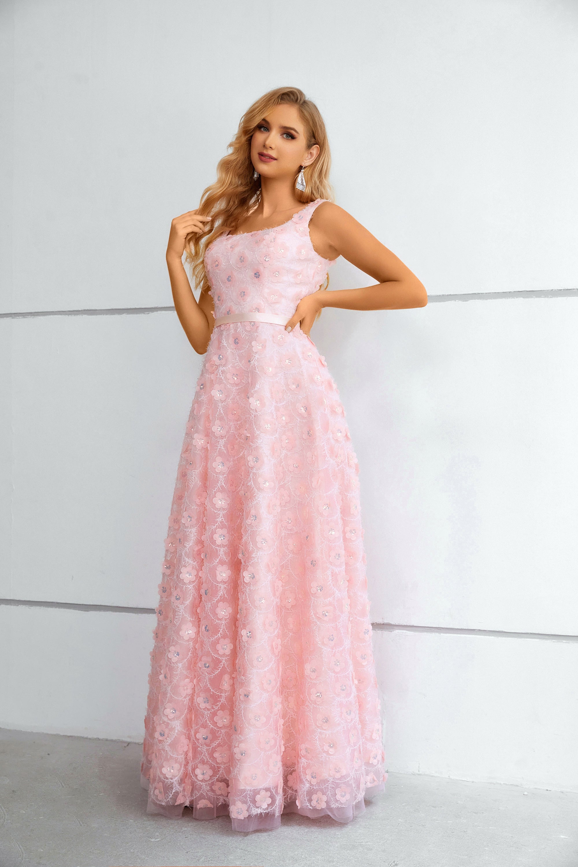 Pink Square Straps Long Prom Dress With Split