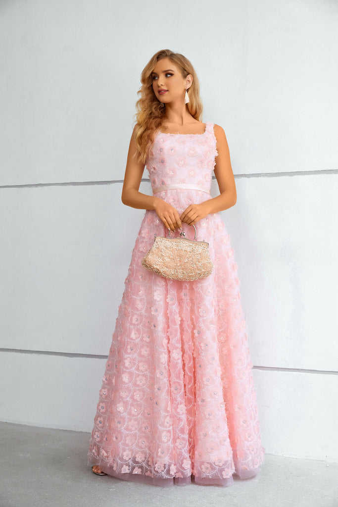 Pink Square Straps Long Prom Dress With Split