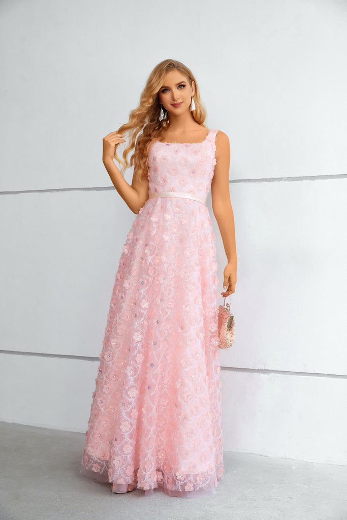 Pink Square Straps Long Prom Dress With Split
