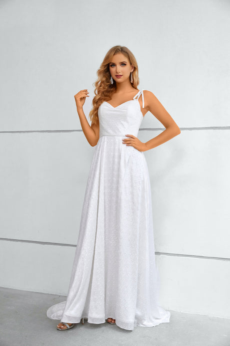 A-Line White Spaghetti-Straps Long Prom Dress