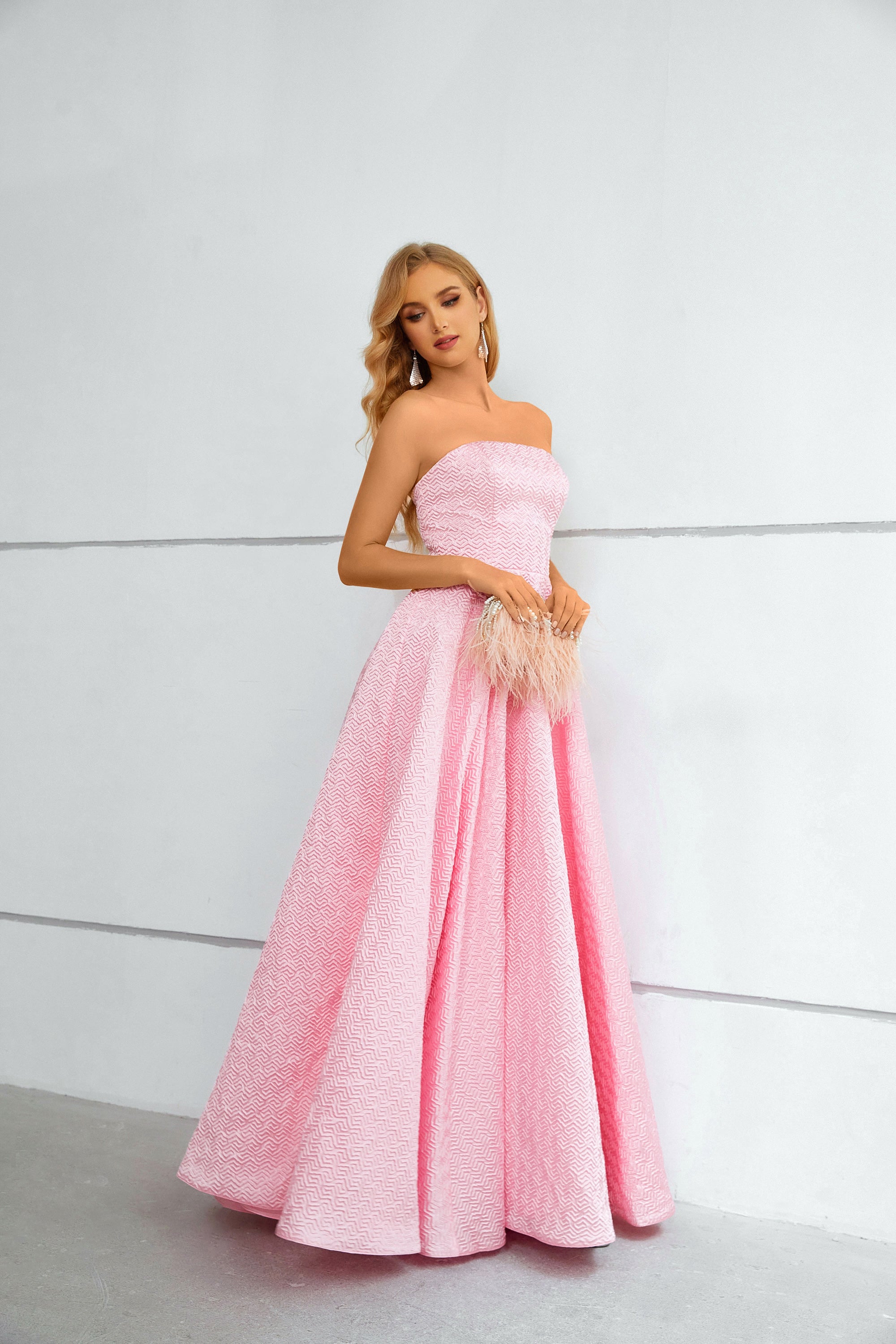 Pink Strapless Sleeveless Long Prom Dress With Pleats