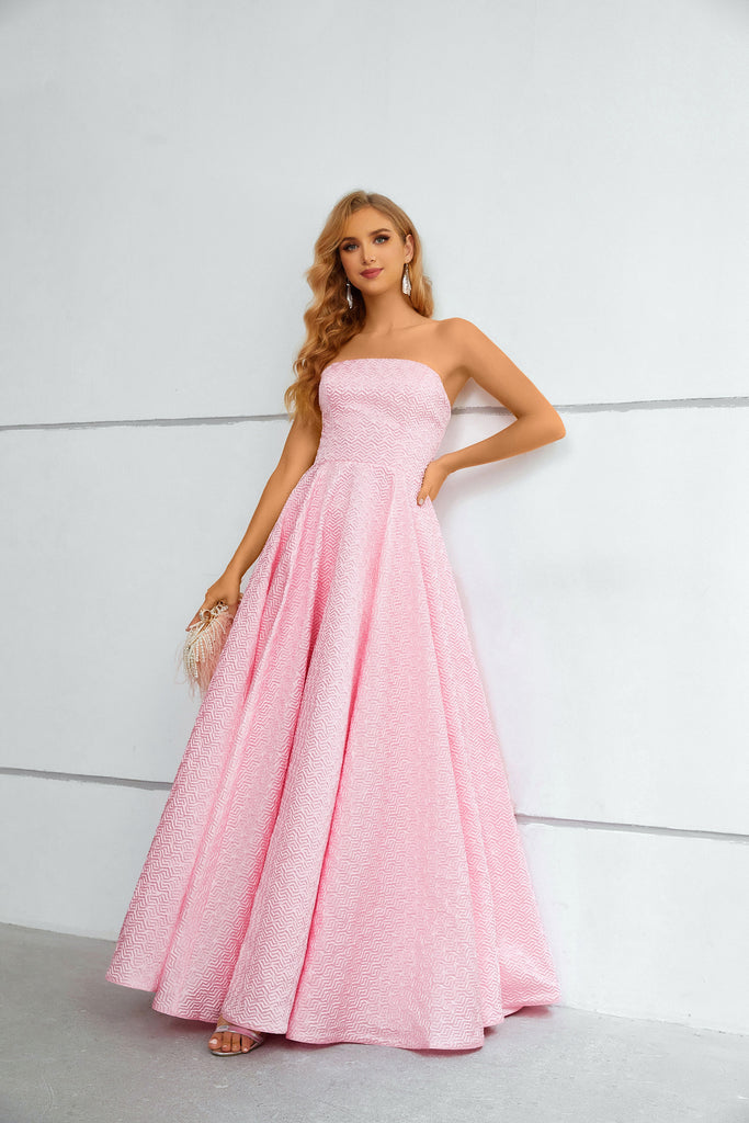 Pink Strapless Sleeveless Long Prom Dress With Pleats