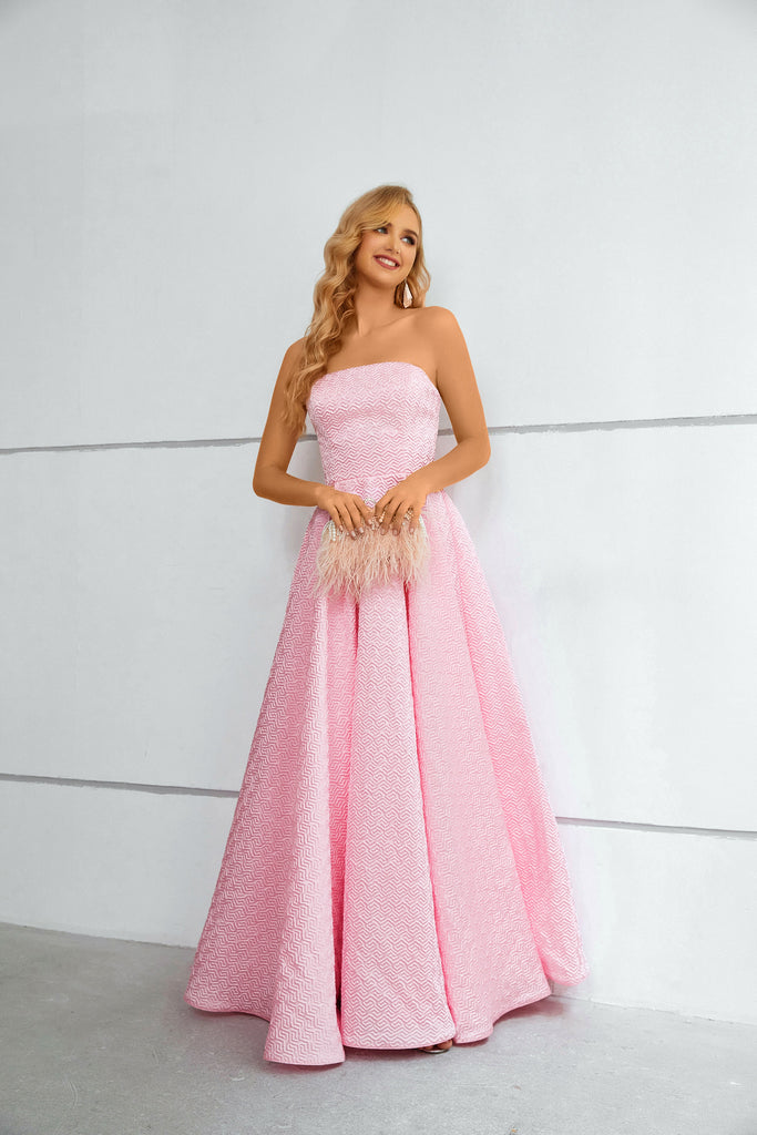 Pink Strapless Sleeveless Long Prom Dress With Pleats
