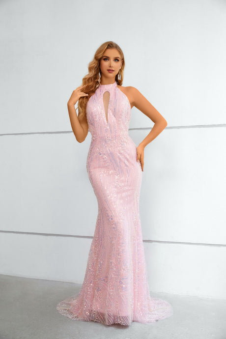 Pink Mermaid Halter Sleeveless Lace Long Prom Dress