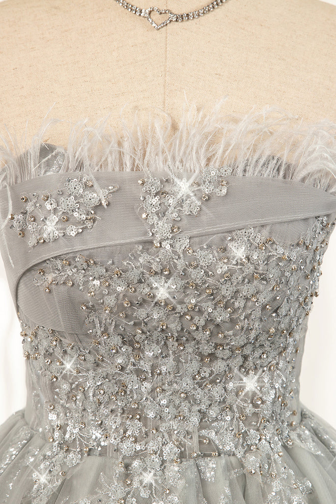 Silver A-Line Short Prom Dress Feather Dress Sleeveless Homecoming Dress