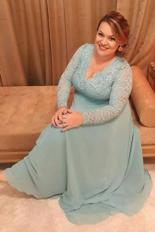 Modest Plus Size Lace Long Sleeves Chiffon Mother Of The Bride Dress MO104