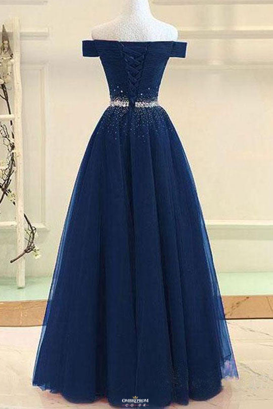 Modest Navy Blue Off-Shoulder A-Line Tulle Prom Formal Dress With Beading OP531
