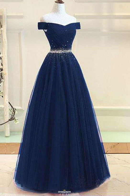 Modest Navy Blue Off-Shoulder A-Line Tulle Prom Formal Dress With Beading OP531