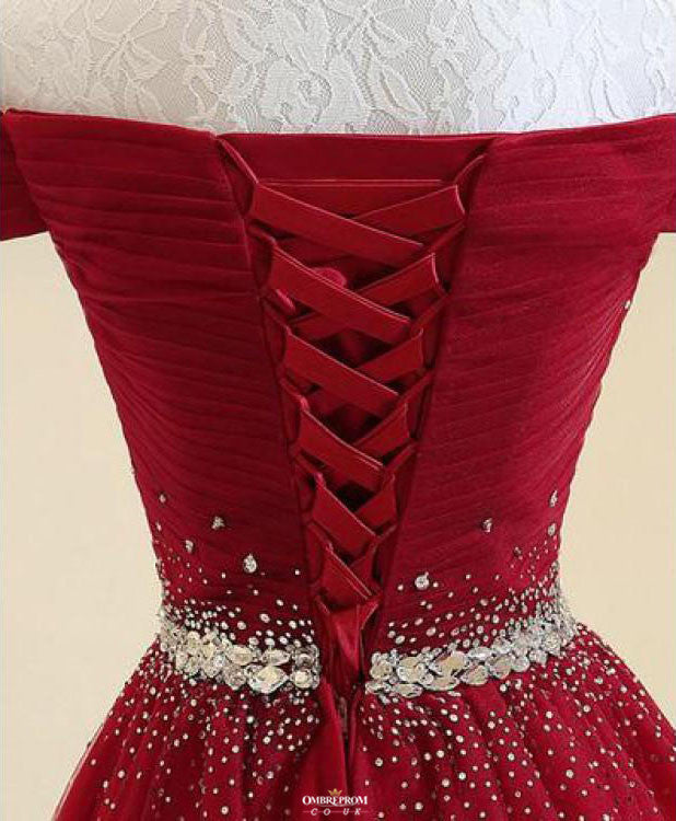 Modest Navy Blue Off-Shoulder A-Line Tulle Prom Formal Dress With Beading OP531