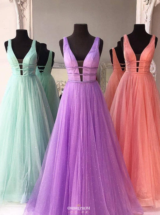 New Deep V-Neck Solid Tulle A-line Long Prom Dress With Beading OP547