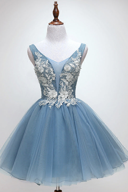 Princess Dusty Blue Floral Homecoming Dress, Cute Short Graduation Dress OM465