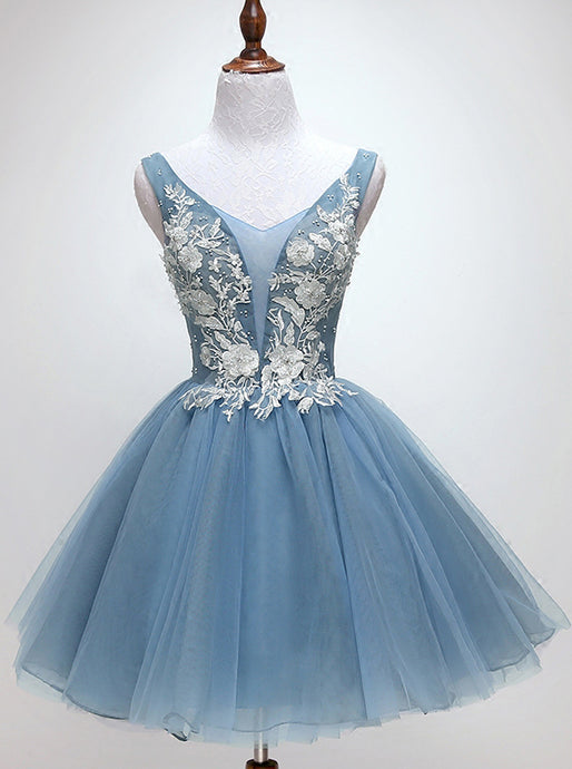 Princess Dusty Blue Floral Homecoming Dress, Cute Short Graduation Dress OM465