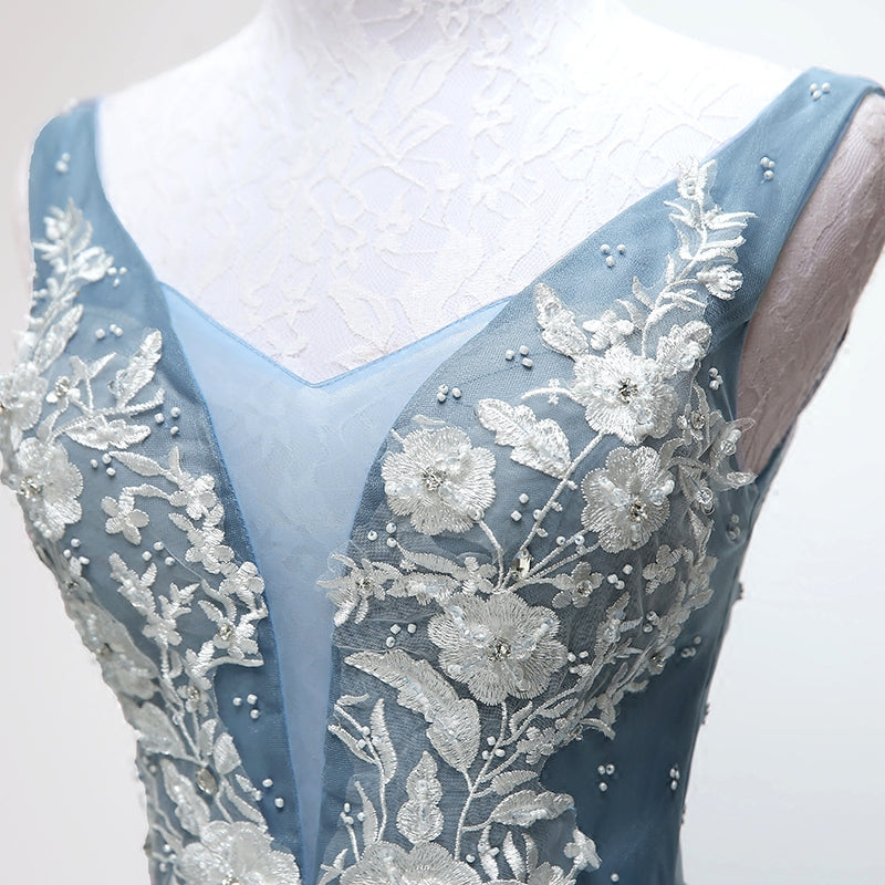 Princess Dusty Blue Floral Homecoming Dress, Cute Short Graduation Dress OM465