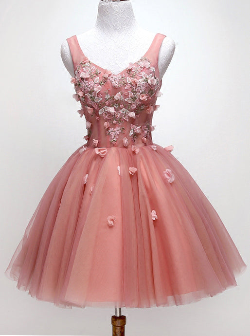 Chic Floral Appliques Sweet 16 Dress, A-line V-neck Peach Homecoming Dress OM466